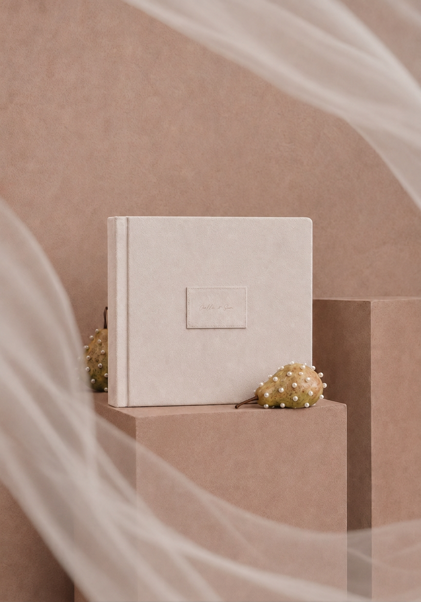 Beige suede album styled on a pedestal with pearls and pears
