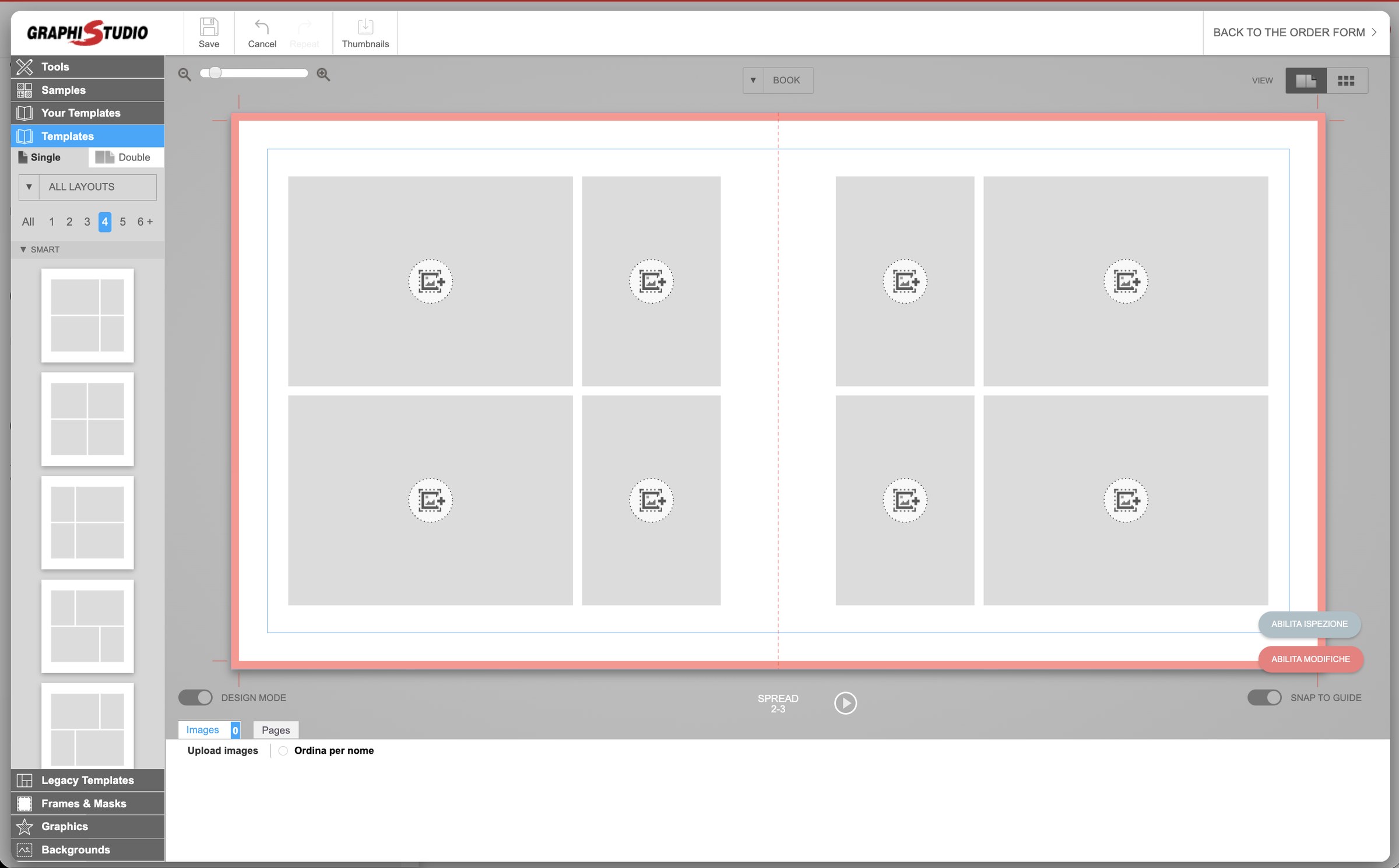 The GraphiDesigner layout editor showing a double-page spread and template library