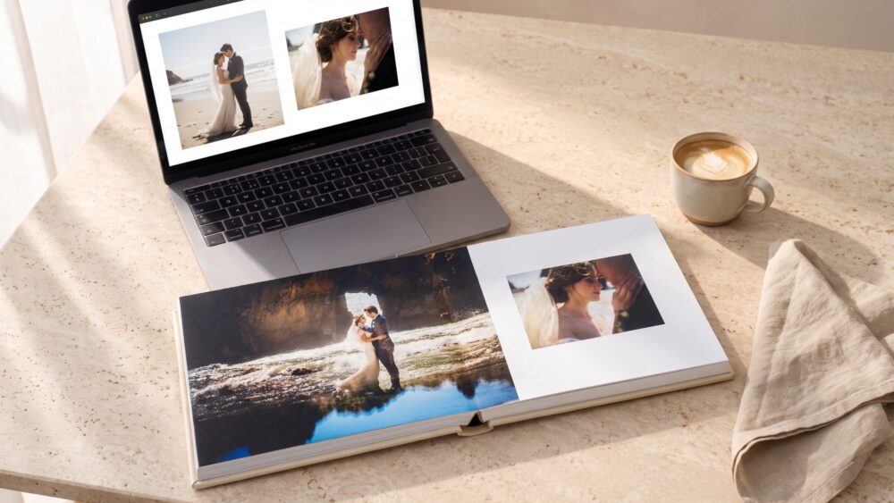 A laptop showing a wedding album layout in Fundy Cloud next to the finished Graphistudio album