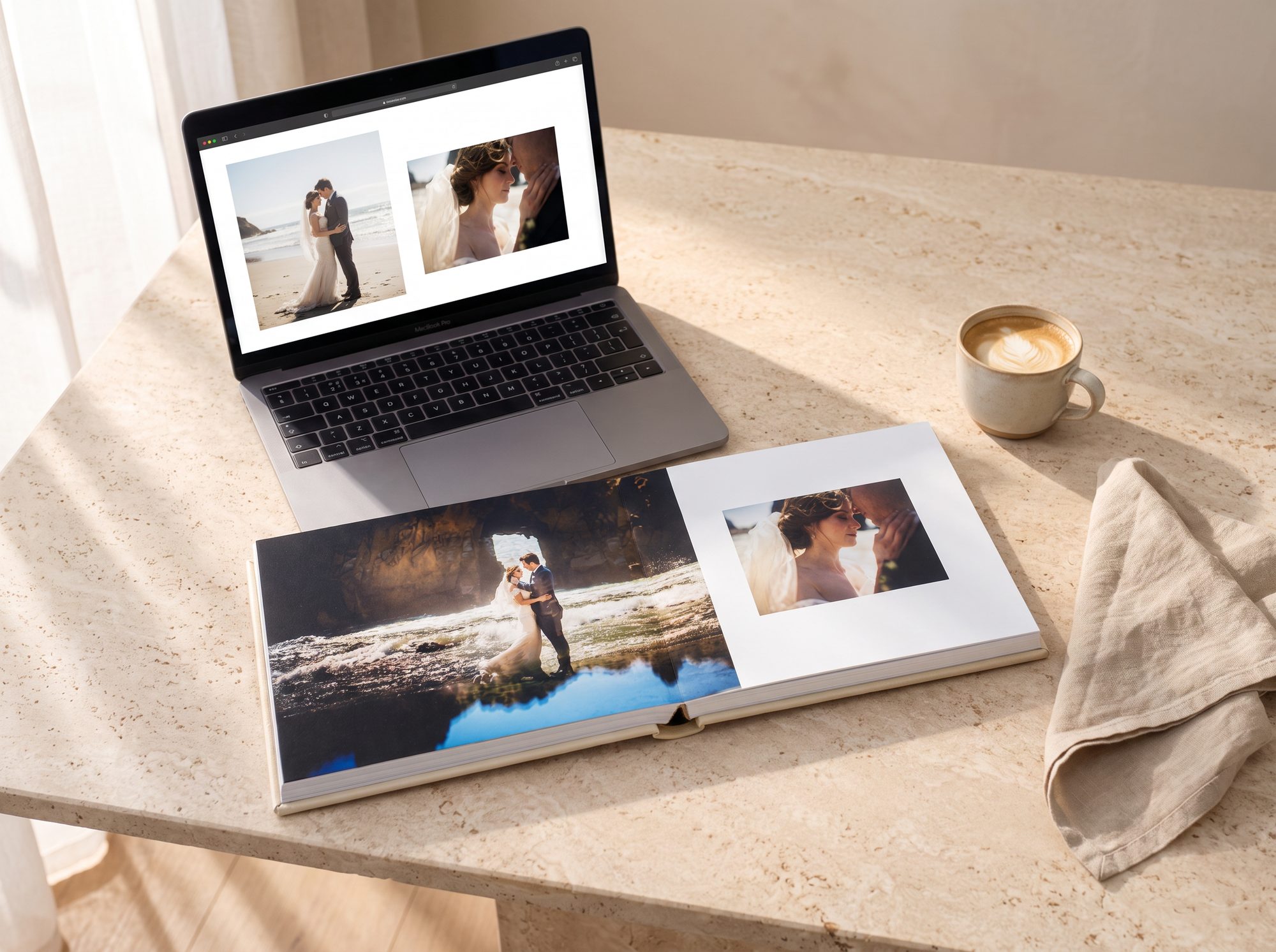 A laptop showing a wedding album layout in Fundy Cloud next to the finished Graphistudio album